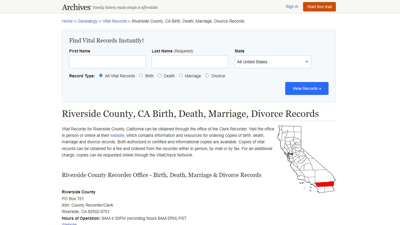 Riverside County, CA Birth, Death, Marriage, Divorce Records - Archives.com